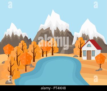 Flat Vector Landscape Illustration in Autumn. Country house near the pond and mountains with forest. Mountain autumn landscape Stock Vector