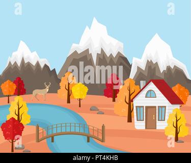 Flat Vector Landscape Illustration in Autumn. Country house with the bridge on the river  near the pond and mountains with forest. Mountain autumn lan Stock Vector
