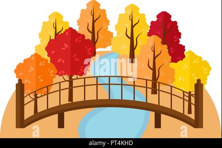 Vector autumn landscape. Bridge over the river in the autumn forest. Stock Vector