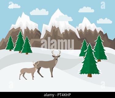 Winter mountain landscape background. Flat Vector Illustration witn deers. Stock Vector