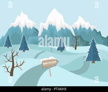 Winter mountain landscape background. Flat Vector Illustration. Blue colors. Stock Vector