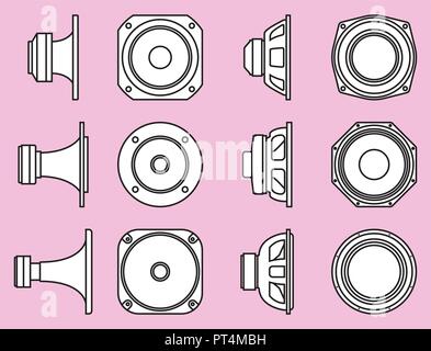Speaker driver icon set. Horn, tweeter and subwoofer speaker. Vector illustration Stock Vector