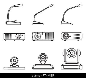 Conference equipment icon set. Vector thin line Stock Vector