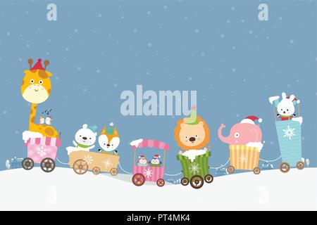 Animal cartoon on train smile with happiness at the town at night in the snow falling place vector illustration Stock Vector