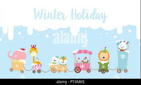 Winter holiday calligraphy text with animal cartoon on train smile with happiness vector illustration eps10 Stock Vector