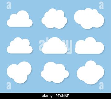 Abstract white cloud icon collection set isolated on blue background Stock Vector