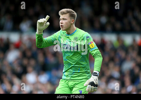 Leeds United goalkeeper Bailey Peacock-Farrell during the Sky Bet Championship match at Elland Road, Leeds. PRESS ASSOCIATION Photo. Picture date: Saturday October 6, 2018. See PA story SOCCER Leeds. Photo credit should read: Richard Sellers/PA Wire. RESTRICTIONS: EDITORIAL USE ONLY No use with unauthorised audio, video, data, fixture lists, club/league logos or 'live' services. Online in-match use limited to 120 images, no video emulation. No use in betting, games or single club/league/player publications. Stock Photo