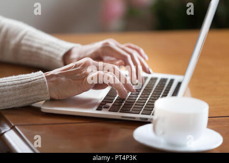 Mature female hands typing text on keyboard, senior elderly business woman working on laptop, old or middle aged lady using computer concept writing e Stock Photo