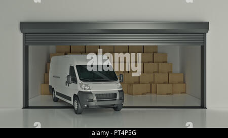 Open self storage unit full of cardboard boxes with truck. 3d rendering Stock Photo