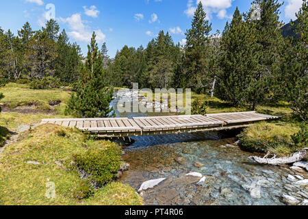 Wooden Bridge Crossing a River in the Catalan Pyrenees Stock Photo