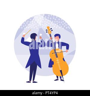 symphony orchestra director and musician playing a cello over white background, colorful design. vector illustration Stock Vector