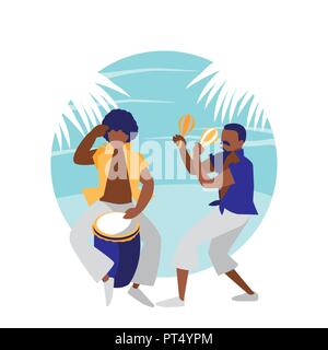 tropical band design with musician playing congas and maracas over white background, colorful design. vector illustration Stock Vector