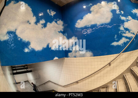 New York, USA. 6th Oct 2018. 'Sky' (2018) by the artist Yoko Ono adorns the walls of the newly renovated West 72nd Street B/C subway station in New York on on Saturday, October 6, 2018. The mosaic panels, six in total when completed, show a blue sky with clouds with phrases such as 'imagine peace' in cursive written on them. The station received an extensive renovation including new LED lighting , glass panels and wayfinding. (© Richard B. Levine) Credit: Richard Levine/Alamy Live News Stock Photo