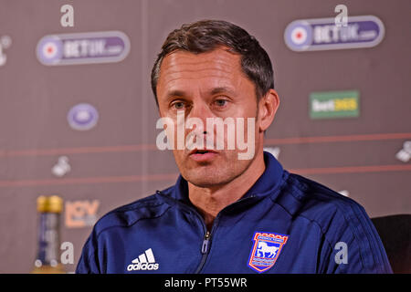 Swansea, UK. 6th October 2018. Ipswich Town Manager Paul Hurst speaking at the post match press conference. EFL Skybet championship match, Swansea city v Ipswich Town at the Liberty Stadium in Swansea, South Wales on Saturday 6th October 2018.  this image may only be used for Editorial purposes. Editorial use only, license required for commercial use. No use in betting, games or a single club/league/player publications. pic by Phil Rees/Andrew Orchard sports photography/Alamy Live news Stock Photo