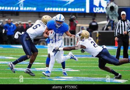 October 27, 2018: Boise State defensive end, Kayode Rufai #45, bears down  on Falcon running back, Kadin Remsberg #24, during the NCAA football game  between the Boise State Broncos and the Air