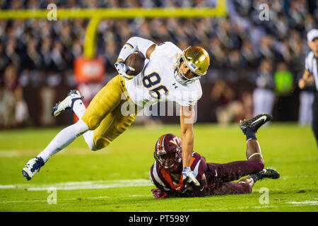 Notre Dame Fighting Irish tight end Alize Mack (86) during the NCAA college football game between Notre Dame and Virginia Tech on Saturday October 6, 2018 at Lane Stadium in Blacksburg, Virginia. Jacob Kupferman/CSM Stock Photo