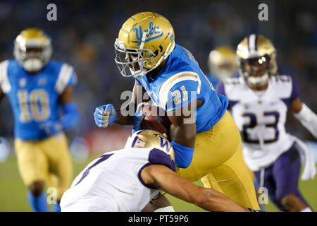 October 06, 2018 UCLA Bruins wide receiver Michael Ezeike #21 carries the ball during the football game between the UCLA Bruins and the Washington Huskies at the Rose Bowl in Pasadena, California. Charles Baus/CSM Stock Photo
