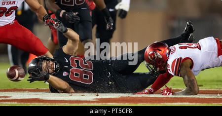 October 06, 2018: Stanford Cardinal tight end Kaden Smith (82) loses the ball after being brought down by Utah Utes defensive back Corrion Ballard (15), during a NCAA football game between the Utah Utes and the Stanford Cardinal at the Stanford Stadium in Stanford, California. Valerie Shoaps/CSM Stock Photo