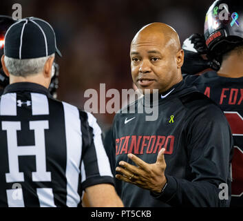 October 06, 2018: Stanford Cardinal head coach David Shaw discusses a penalty call with a referee, during a NCAA football game between the Utah Utes and the Stanford Cardinal at the Stanford Stadium in Stanford, California. Valerie Shoaps/CSM Stock Photo
