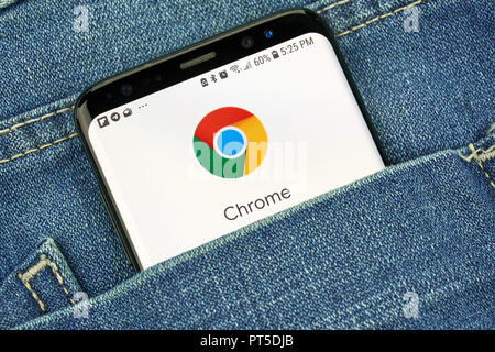 MONTREAL, CANADA - OCTOBER 4, 2018: Google Chrome app on s8 screen. The app is web browser designed for Android. Google is an American technology comp Stock Photo