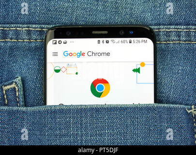 MONTREAL, CANADA - OCTOBER 4, 2018: Google Chrome app on s8 screen. The app is web browser designed for Android. Google is an American technology comp Stock Photo