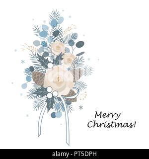 Christmas bouquet arranged with eucalyptus, roses, pine cones, mix of plants and berries. Christmas design Stock Vector
