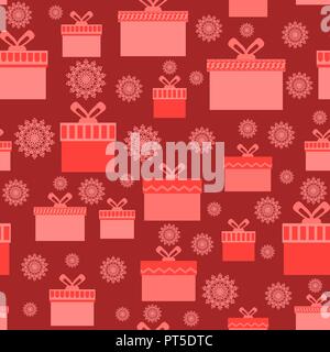 Red Wrapping Christmas Seamless Paper with Different Boxes and Snowflakes Stock Vector