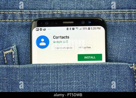 MONTREAL, CANADA - OCTOBER 4, 2018: Google Contacts app on s8 screen. The app is a free contact management tool. Google is an American technology comp Stock Photo