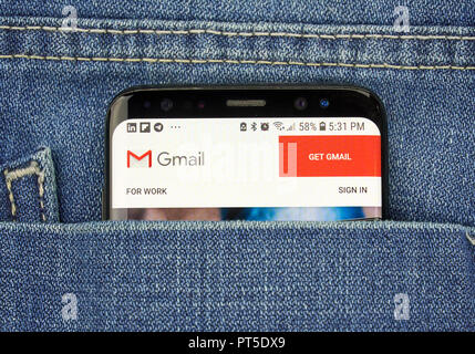 MONTREAL, CANADA - OCTOBER 4, 2018: Google Gmail app on s8 screen. Gmail is a free email service by Google. Google is an American technology company w Stock Photo