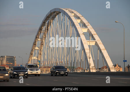 Kazakhstan; Astana; bridge over Ishim River, traffic, Stock Photo