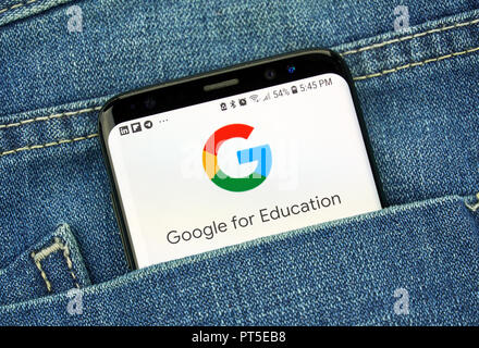 MONTREAL, CANADA - OCTOBER 4, 2018: Google for Education service on s8 screen. Google is an American technology company which provides a variety of in Stock Photo