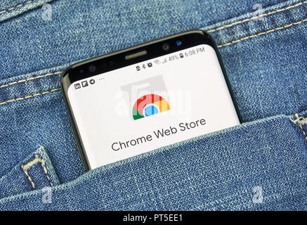 MONTREAL, CANADA - OCTOBER 4, 2018: Google Chrome Web Store logo on s8 screen. Chrome Web Store is an online store for web apps for Google Chrome. Stock Photo