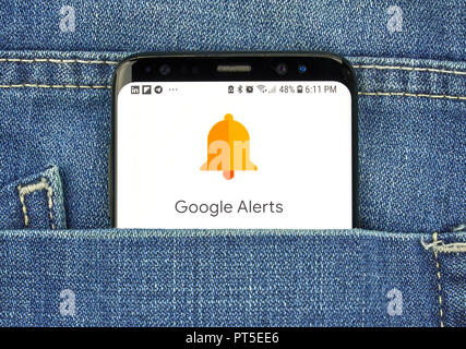 MONTREAL, CANADA - OCTOBER 4, 2018: Google Alerts on s8 screen. Google Alerts is a content change notification service. Stock Photo