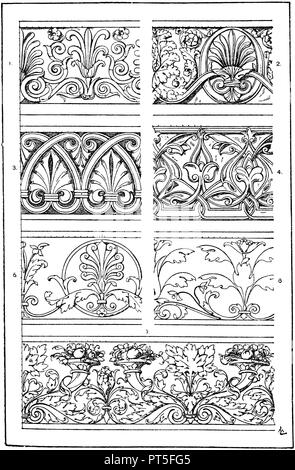 Ongoing terminations: 1. Greek frieze ornament from the Erechtheion in Athens. 2. Roman frieze ornament. Restored. (Fragments de l 'architecture antique). 3. Romanesque frieze ornament from the 13th century. (Pattern ornaments). 4. Arabic ornament from the mosque of Sultan Hassan in Cairo. 14th Century. 5. Marble frieze. Ital. Renaissance. From the tomb of Conte Ugone, Badia, Florence. (Weißbach and Lottermoser). 6. Intarsia frieze. Ital. Renaissance. (Meurer). 7. Decoration example. (Kolb and Högg, models for the ornate drawing), 19th century, ML  1918 Stock Photo