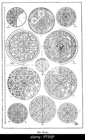 Circle: 1. Arabic flat ornament in marble. Mosque Kaonam el Dyn. (Prisse d'Avennes). 2. Romanesque keystone ornament from the cathedral in Basel. 3. Arabic bas-relief from a door in Cairo. 14th century (Prisse d'Avennes). 4. Arabic flat ornament in marble. Mosque Kaonam el Dyn. (Prisse d'Avennes). 5. Arabic bas-relief carved in wood. 16th century (L'art pour tous). 6. Decorating the circular indentations of an Arabic metal bowl. (Prisse d'Avennes). 7-eighth Niello ornaments after Balthasar Silvius. 16th century (Ysendyck). 9. Marble mosaic from the floor of the church S. Vitale in Ravenna. (He Stock Photo