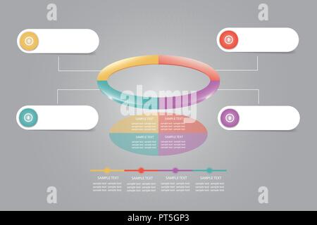 Infographic of colorful ellipse divided into 4 parts showing process and steps. White labels around are ready for your text. All is on the gray gradie Stock Vector