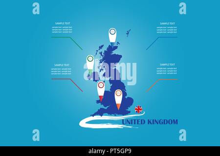 Infographic of the blind map and circle flag of United Kingdom with labels and blank randomly spaced tracker map indicators ready for your text. Stock Vector