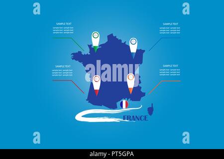 Infographic of the blind map and circle flag of France with labels and blank randomly spaced tracker map indicators ready for your text. Stock Vector