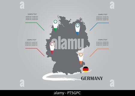 Infographic of the blind map and circle flag of Germany with labels and blank randomly spaced tracker map indicators ready for your text. Stock Vector