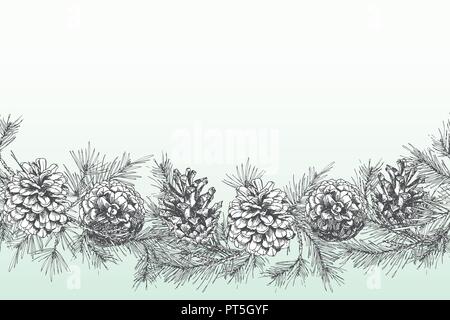 Festivev background template with seamless pattern realistic botanical ink sketch of fir tree branches with pine cone in black and white colors isolated on white. Vector illustrations Stock Vector