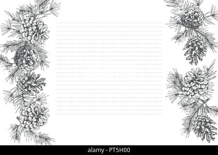 Festivev background template with seamless pattern realistic botanical ink sketch of fir tree branches with pine cone in black and white colors isolated on white. Vector illustrations Stock Vector