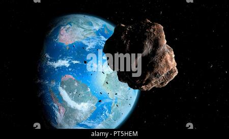 Illustration of an asteroid approaching Earth during the Cretaceous period, poised to exterminate the dinosaurs. Near-Earth asteroids are a constant threat to our planet Stock Photo