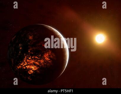 Illustration of the planet 55 Cancri e,also called Janssen.This is an exoplanet orbiting 55 Cancri A.Its mass is thought to be around 8.6 Earth masses,making it a so-called 'Super-Earth'.The planet orbits its star so closely that it completes an orbit in less than 18 hours.Its proximity to its star - only 0.015 astronomical units,or 1 20th of the Mercury-Sun separation - means that the planet is exceptionally hot and likely volcanic,as this depiction shows. Stock Photo