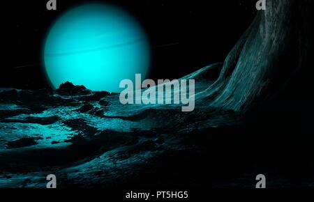 Illustration of the green ice giant planet Uranus, seen from the surface of its innermost substantial moon, the fractured Miranda. Uranus is the seventh planet in order of distance from the Sun, orbiting at an average distance of 2.85 billion km. It is unusual in that it has a very pale, almost featureless atmosphere, and an axial tilt close to 100 degrees. Mirandaâ€™s odd surface, including the highest cliff in the known solar system, suggests that the world was broken apart in a collision and later reassembled. Stock Photo