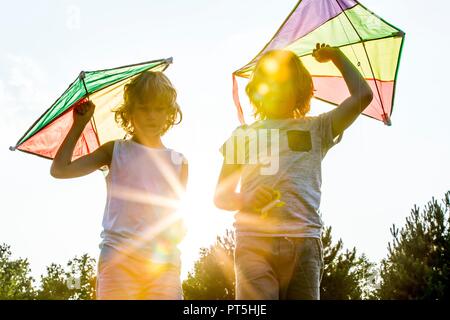 Boys holding kite in park. Stock Photo