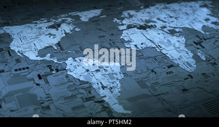 3D cloud computing illustration - world map - global network concept ...