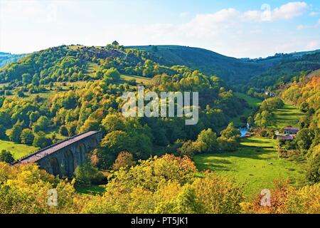 Taken to capture rare and rich Autumn colourations, highlighted by late afternoon sunshine, in Monsal Head, in the Peak District, Derbyshire. Stock Photo