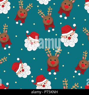 Santa Claus and Reindeer Seamless on Blue Background. Vector Illustration. Stock Vector