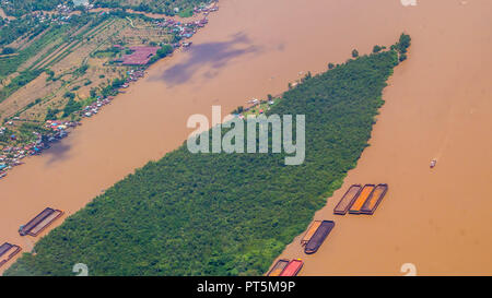 aerial picture of empty barges waiting to be loaded near the coal stockpile. this picture was taken in Borneo, Indonesia Stock Photo