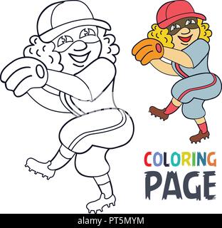 coloring page with woman baseball player cartoon Stock Vector